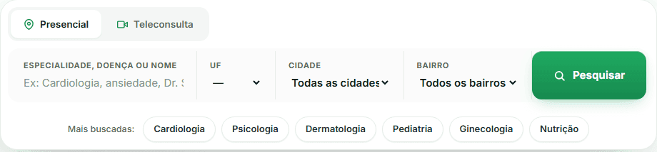 Busca do marketplace Hiraki: campos de especialidade, UF, cidade e bairro, com abas Presencial e Teleconsulta e o botão Pesquisar.