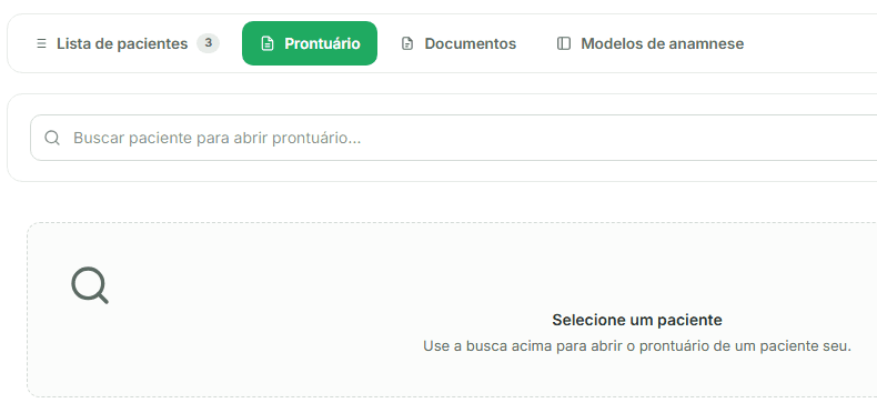 Área de pacientes do Hiraki com as abas Lista de pacientes, Prontuário, Documentos e Modelos de anamnese, e o campo para buscar o paciente cujo prontuário será aberto.